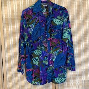 FAITH Womens S Button Up Shirt Floral Tropical Sequence Boho Resort Y2K 80's